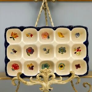 Pioneer Woman Egg Tray Celia Floral Stoneware Blue Hobnail 15-Egg Holder 6x10